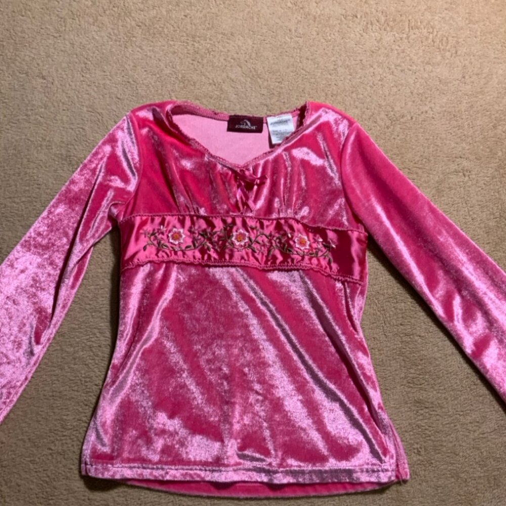 Jordache Girls Med (7/8) Pink Velour Beaded Embroidered‎ Long Sleeve Boho Top